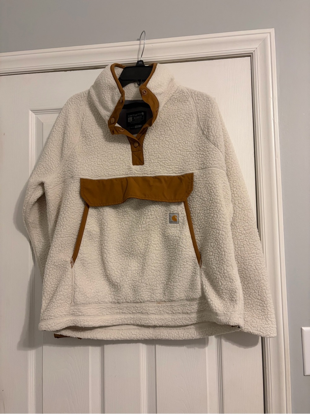 Carhartt Cream Sherpa Pullover with Brown Trim Pocket
